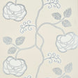 Queen Fruit wallpaper in Silver White by Neisha Crosland for Schumacher, featuring stylized blossoms and curlicued leaves in a botanical pattern.