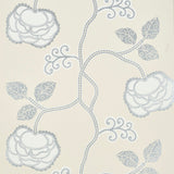 Queen Fruit wallpaper in Silver White by Neisha Crosland for Schumacher, featuring stylized blossoms and curlicued leaves in a botanical pattern.