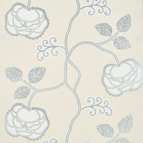 Queen Fruit wallpaper in Silver White by Neisha Crosland for Schumacher, featuring stylized blossoms and curlicued leaves in a botanical pattern.