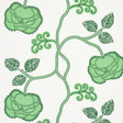 Queen Fruit wallpaper in Jade by Neisha Crosland for Schumacher, featuring stylized green fruit and curlicued leaves on a white background.