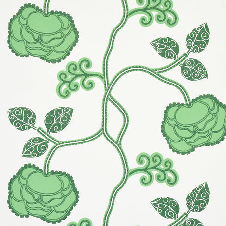 Queen Fruit wallpaper in Jade by Neisha Crosland for Schumacher, featuring stylized green fruit and curlicued leaves on a white background.