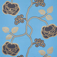 Queen Fruit wallpaper in Lapis by Neisha Crosland for Schumacher, featuring stylized blossoms and curlicued leaves in blue and gold.