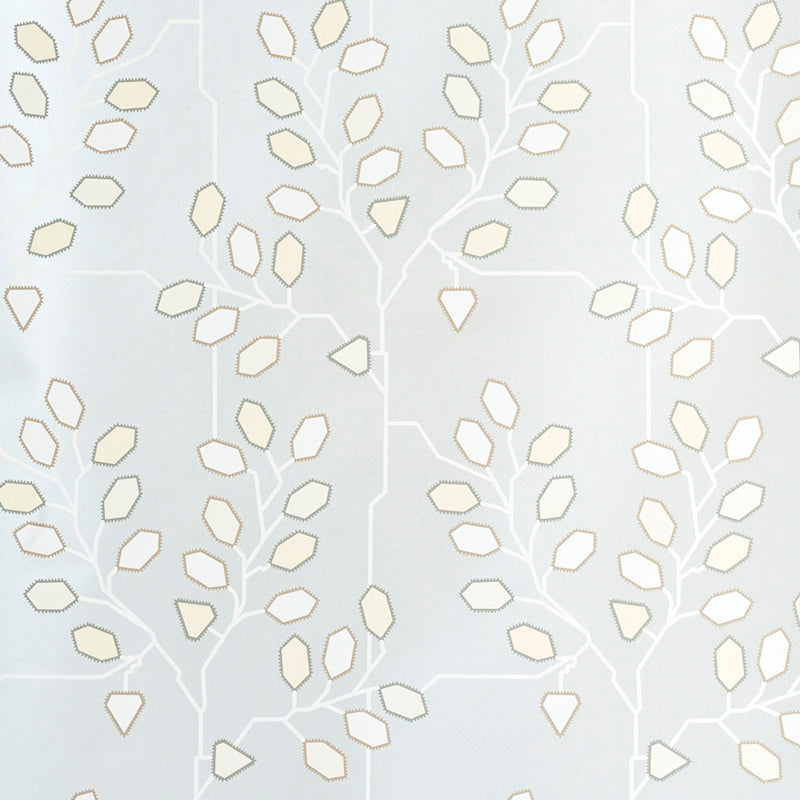 TUMBLE WEED Silver White by Neisha Crosland for Schumacher. Modern arboreal geometric wallpaper with angular branches and leaves in silver and white.