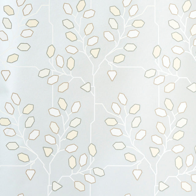 TUMBLE WEED Silver White by Neisha Crosland for Schumacher. Modern arboreal geometric wallpaper with angular branches and leaves in silver and white.