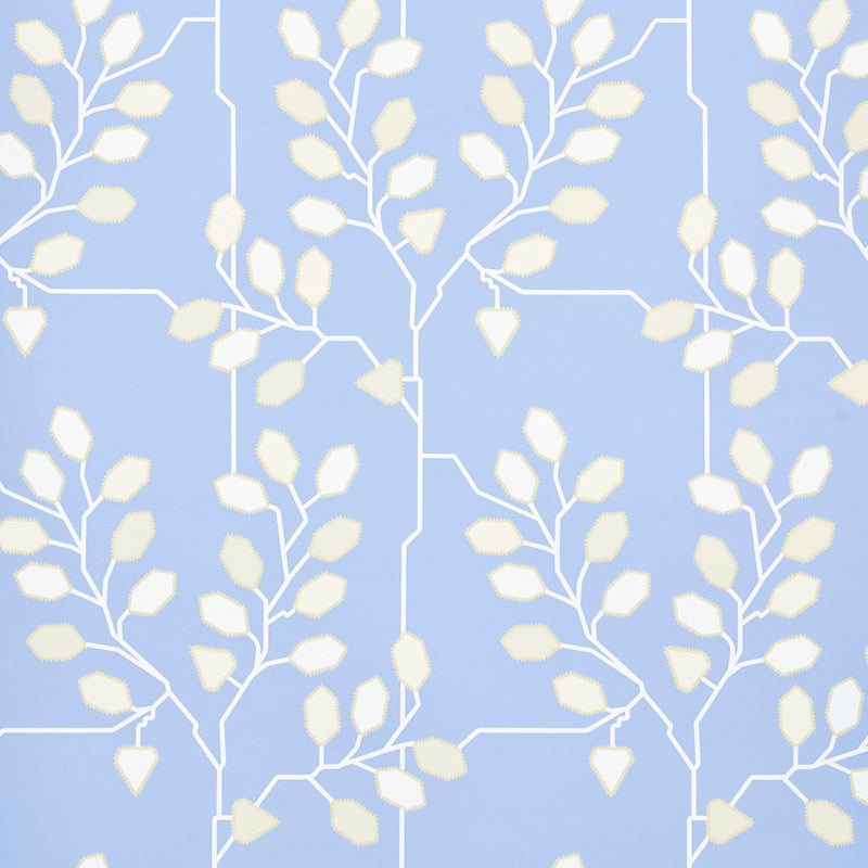 TUMBLE WEED wallpaper in Bluebell by Neisha Crosland for Schumacher, featuring a geometric arboreal motif with angular branches and leaves.
