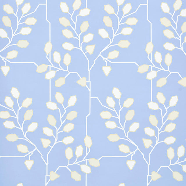 TUMBLE WEED wallpaper in Bluebell by Neisha Crosland for Schumacher, featuring a geometric arboreal motif with angular branches and leaves.