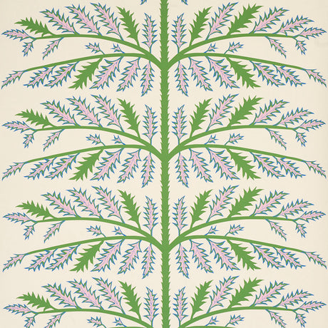 Thistle wallpaper in ivory by Neisha Crosland for Schumacher, featuring a bold botanical thistle motif in green and lavender on a textured ivory background.
