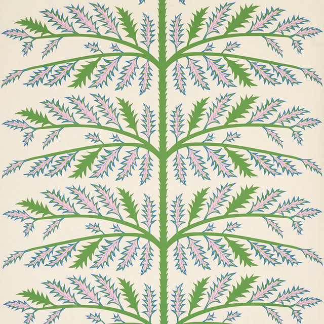 Thistle wallpaper in ivory by Neisha Crosland for Schumacher, featuring a bold botanical thistle motif in green and lavender on a textured ivory background.