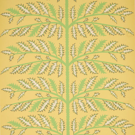 Thistle Mustard wallpaper by Neisha Crosland for Schumacher, featuring a stylized thistle motif in green and cream on a mustard yellow background.