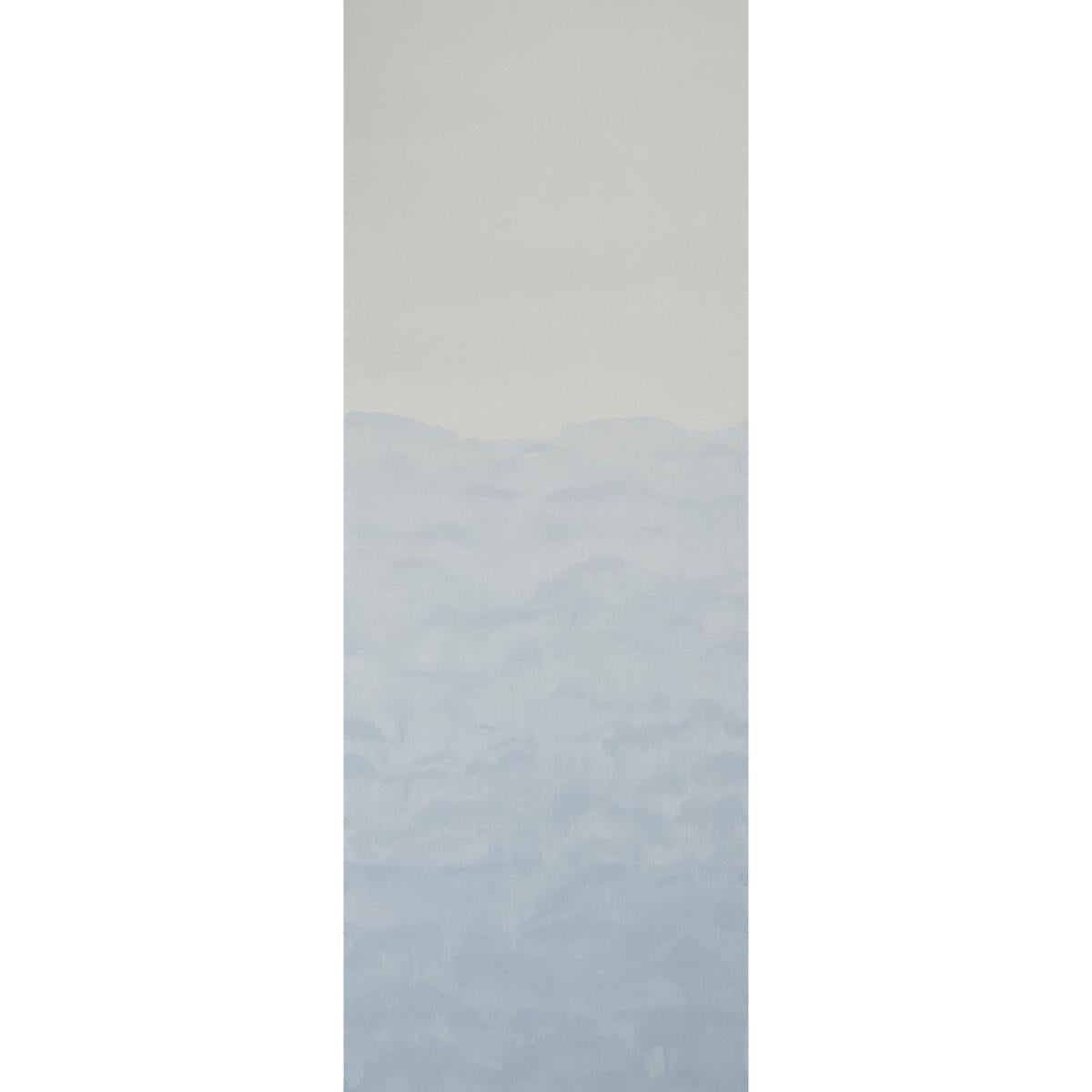KOBAI PANEL Mineral by Schumacher - Aquarelle Collection. Watercolor-inspired wall mural panel in soft mineral blue and gray tones, reminiscent of a Japanese ink painting.