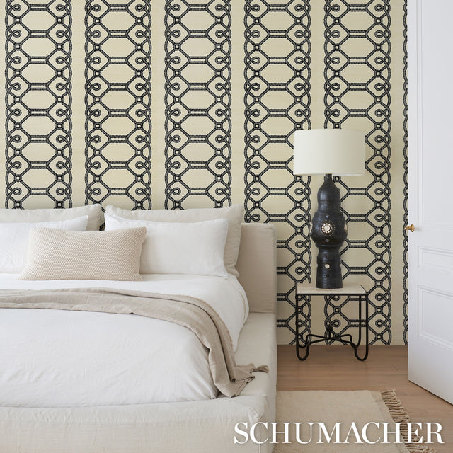 ZIZ Embroidered Sisal Black by Schumacher Dimensional Trellis Stripe Wallcovering – Schumacher 5011470