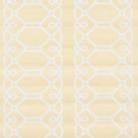 ZIZ Embroidered Sisal wallpaper in a neutral colorway with a trellis stripe pattern, shown in a modern bedroom interior.