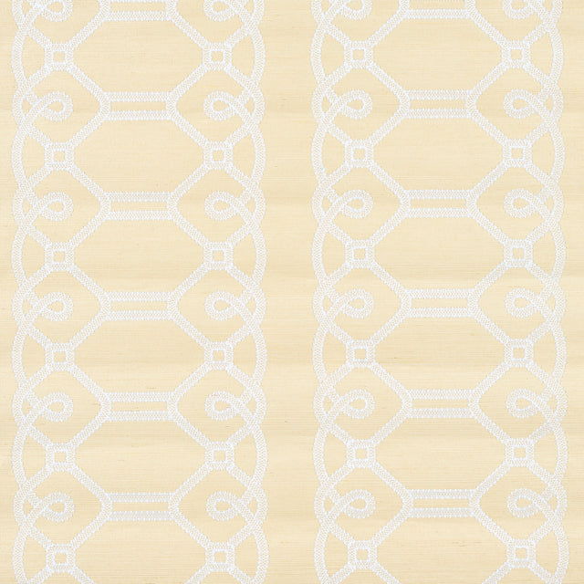 ZIZ Embroidered Sisal wallpaper in a neutral colorway with a trellis stripe pattern, shown in a modern bedroom interior.