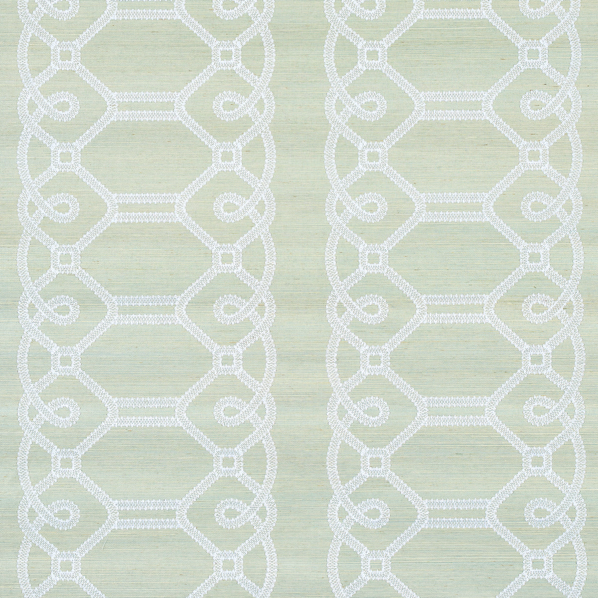 ZIZ Embroidered Sisal wallpaper in Mineral by Schumacher, featuring a dimensional trellis stripe pattern embroidered on textured sisal.