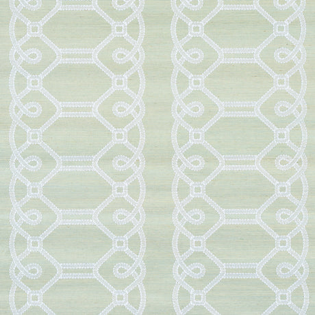 ZIZ Embroidered Sisal wallpaper in Mineral by Schumacher, featuring a dimensional trellis stripe pattern embroidered on textured sisal.
