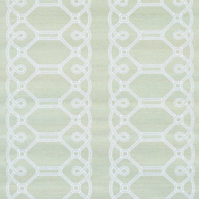 ZIZ Embroidered Sisal wallpaper in Mineral by Schumacher, featuring a dimensional trellis stripe pattern embroidered on textured sisal.
