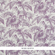 TOILE TROPIQUE wallpaper in purple by Schumacher, featuring detailed botanical illustrations of tropical palms and flowers.