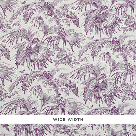 TOILE TROPIQUE wallpaper in purple by Schumacher, featuring detailed botanical illustrations of tropical palms and flowers.