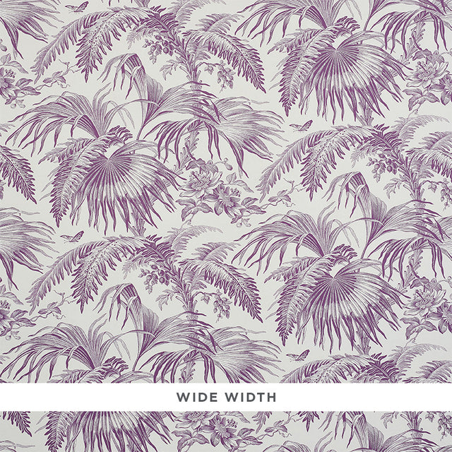 TOILE TROPIQUE wallpaper in purple by Schumacher, featuring detailed botanical illustrations of tropical palms and flowers.