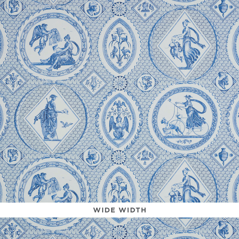 LES SCENES CONTEMPORAINES wallpaper in blue by Schumacher, featuring Greco-Roman mythological vignettes with contemporary references.