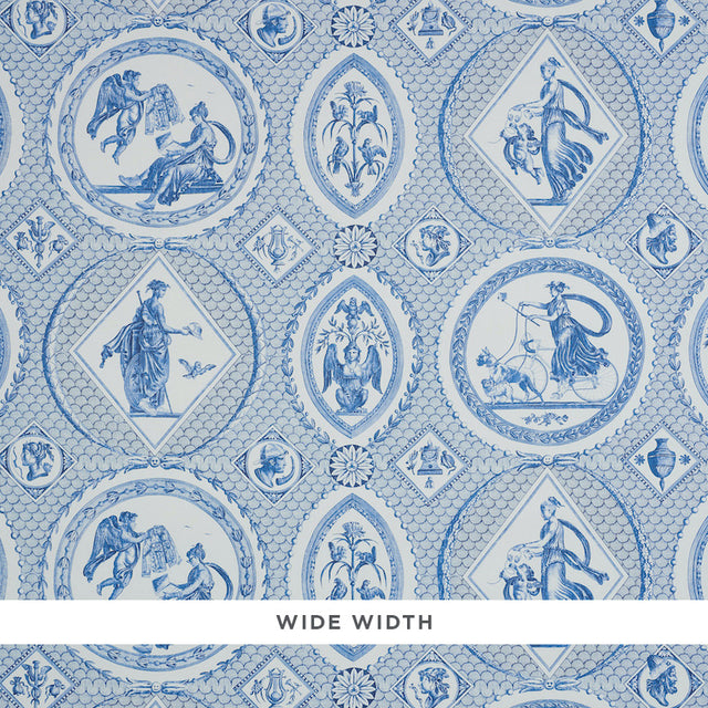 LES SCENES CONTEMPORAINES wallpaper in blue by Schumacher, featuring Greco-Roman mythological vignettes with contemporary references.