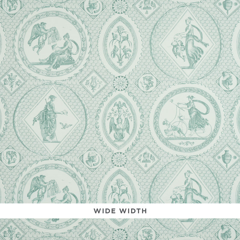 LES SCENES CONTEMPORAINES wallpaper in Mineral by Schumacher, featuring Greco-Roman mythological vignettes with contemporary details.