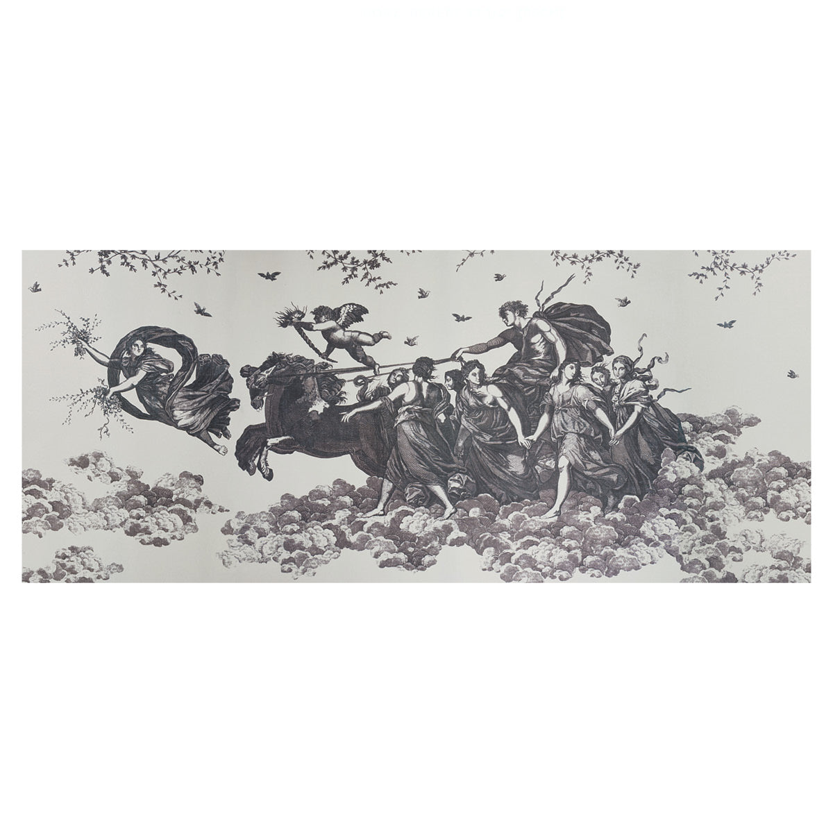 Chariot of Dawn Toile Panel Set mural by Schumacher, featuring a neoclassical mythological scene in black and white across six panels.
