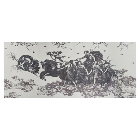 Chariot of Dawn Toile Panel Set mural by Schumacher, featuring a neoclassical mythological scene in black and white across six panels.
