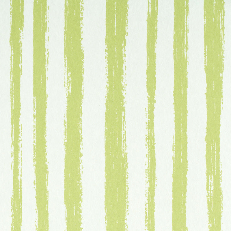 Sketched Stripe green hand-painted vertical stripe wallpaper by Schumacher, shown in a bathroom interior and as product close-ups.