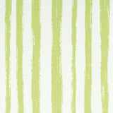 Sketched Stripe green hand-painted vertical stripe wallpaper by Schumacher, shown in a bathroom interior and as product close-ups.