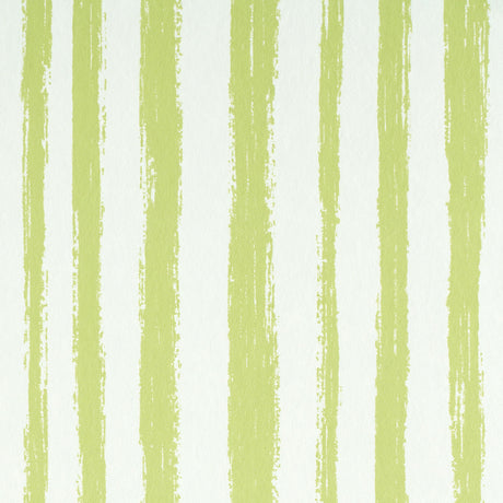 Sketched Stripe green hand-painted vertical stripe wallpaper by Schumacher, shown in a bathroom interior and as product close-ups.