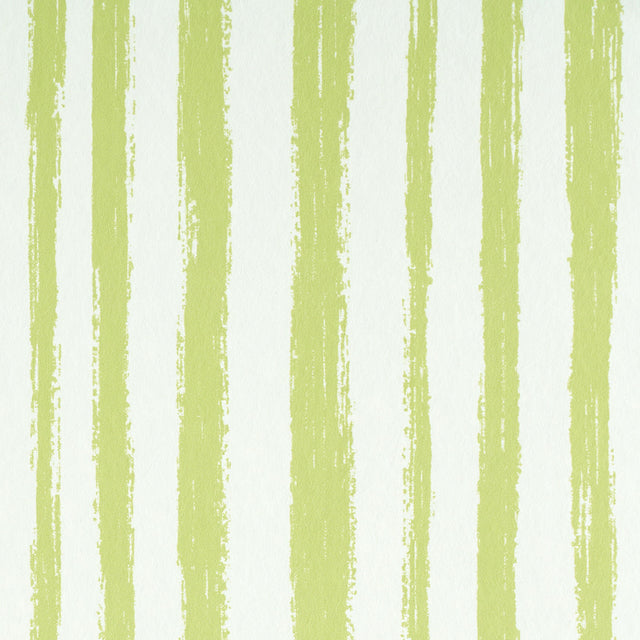 Sketched Stripe green hand-painted vertical stripe wallpaper by Schumacher, shown in a bathroom interior and as product close-ups.