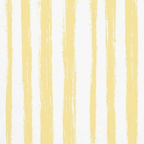 Sketched Stripe yellow hand-painted vertical stripe wallpaper by Schumacher, shown in close-up and styled room setting.