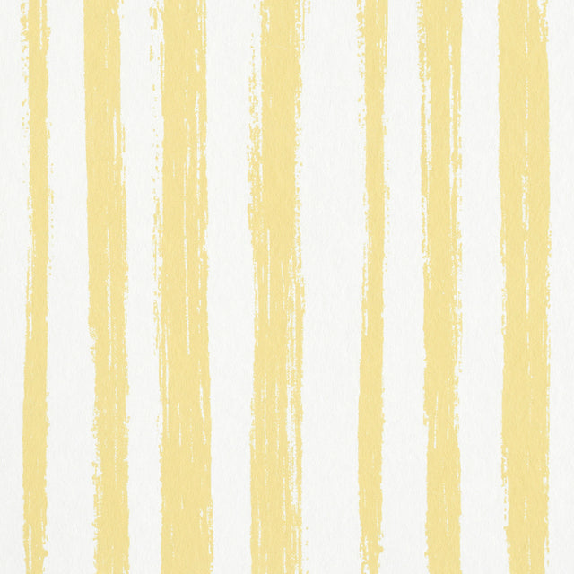 Sketched Stripe yellow hand-painted vertical stripe wallpaper by Schumacher, shown in close-up and styled room setting.