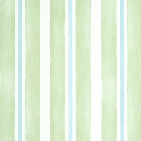 Watercolor Stripe wallpaper in Leaf by Schumacher features hand-painted, soft green and blue stripes for a fresh, modern look.