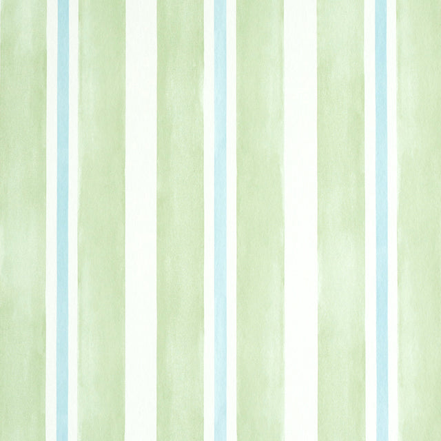 Watercolor Stripe wallpaper in Leaf by Schumacher features hand-painted, soft green and blue stripes for a fresh, modern look.
