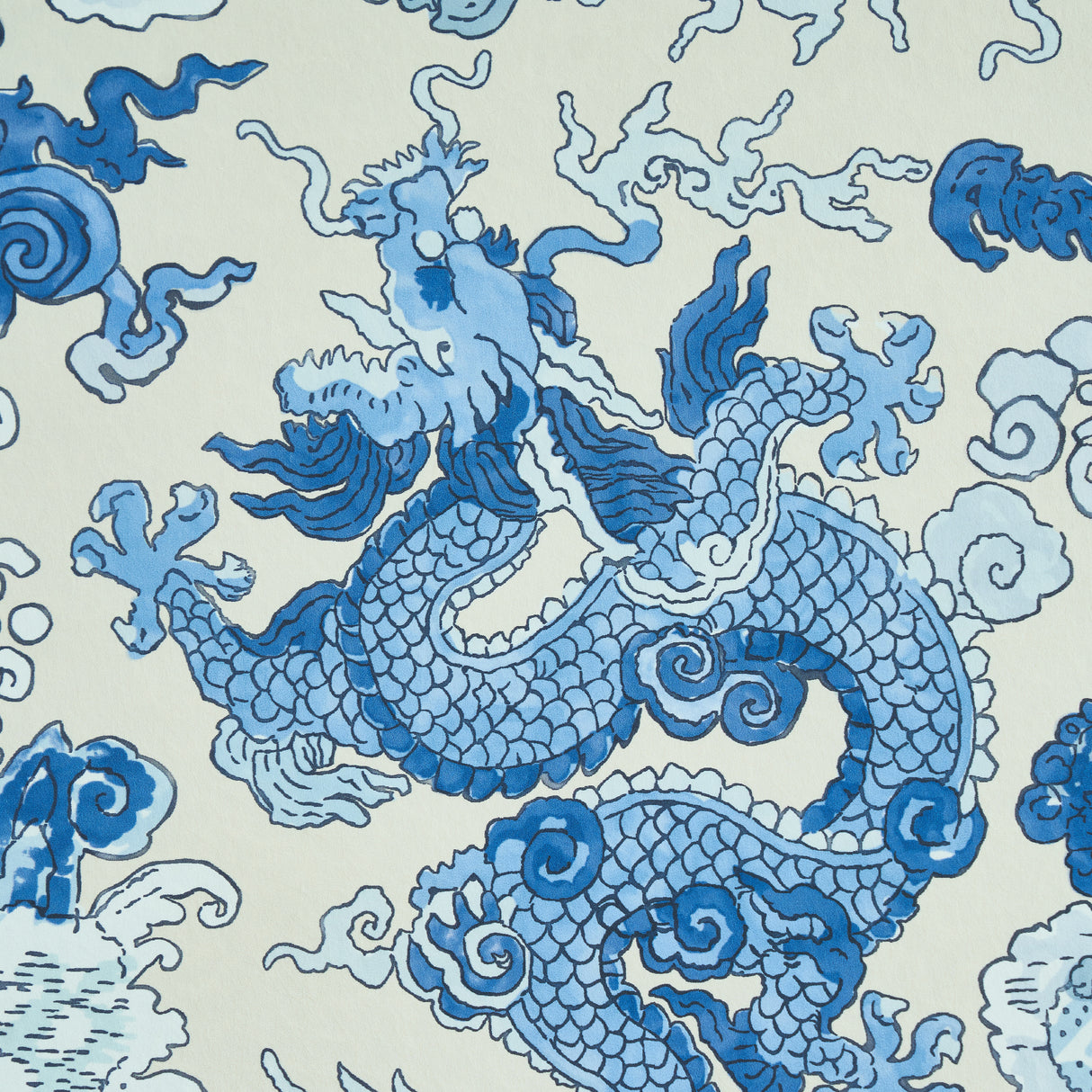 Magic Mountain Dragon Porcelain by Schumacher Blue Dragon Foo Dog Wallpaper – Schumacher 5011590