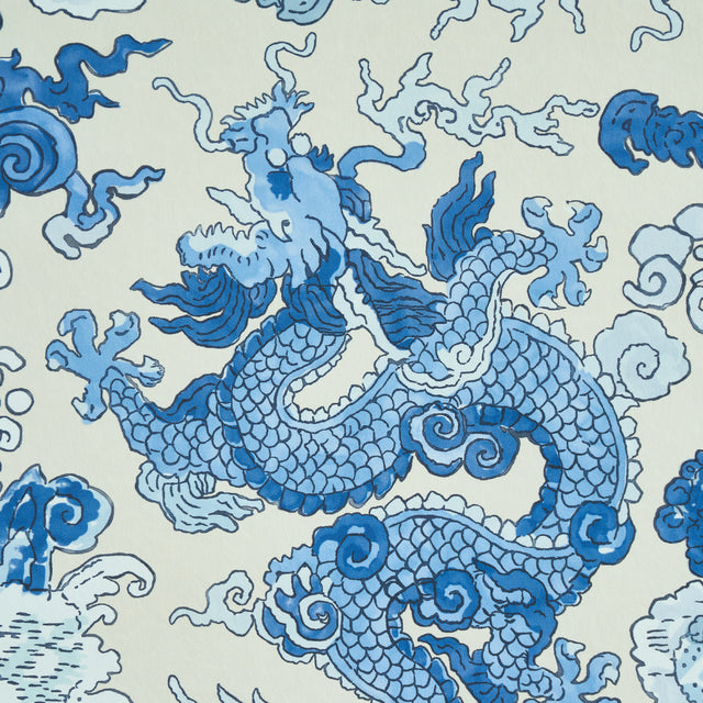 Magic Mountain Dragon Porcelain by Schumacher Blue Dragon Foo Dog Wallpaper – Schumacher 5011590