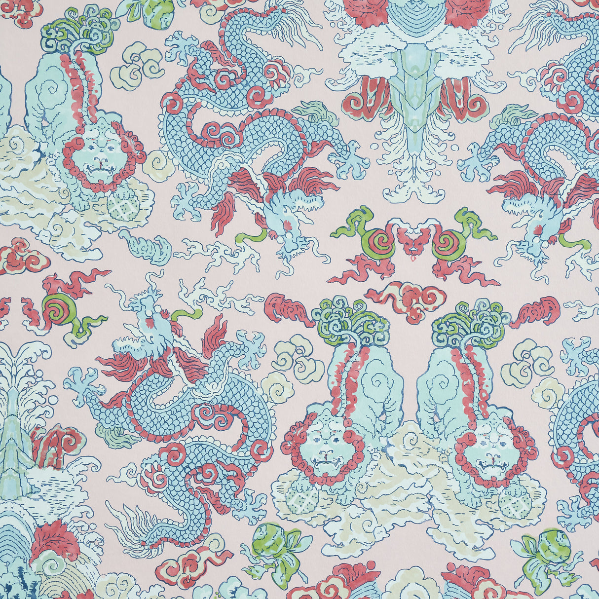 Magic Mountain Dragon wallpaper in blush with foo dogs and fire-breathing dragons in a whimsical, symmetrical design.
