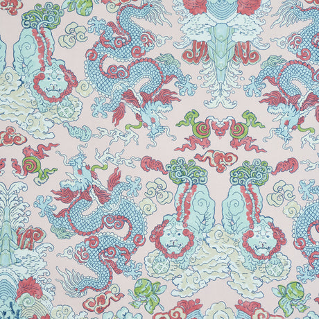 Magic Mountain Dragon wallpaper in blush with foo dogs and fire-breathing dragons in a whimsical, symmetrical design.