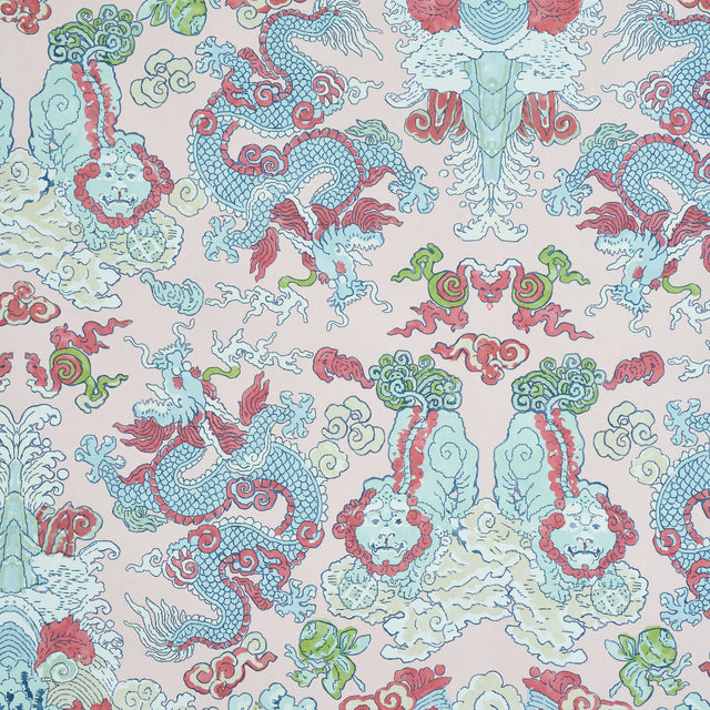 Magic Mountain Dragon wallpaper in blush with foo dogs and fire-breathing dragons in a whimsical, symmetrical design.
