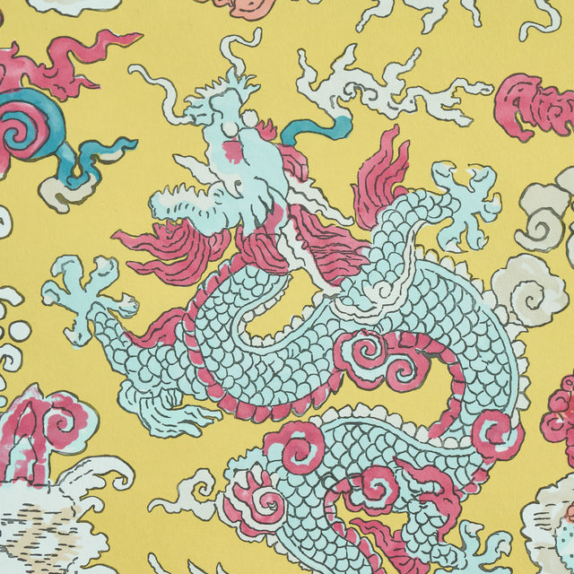 Magic Mountain Dragon Yellow by Schumacher Exotic Foo Dog and Dragon Wallpaper – Schumacher 5011592