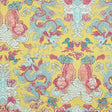 Yellow wallpaper with foo dogs and fire-breathing dragons in a symmetrical, adventurous design.