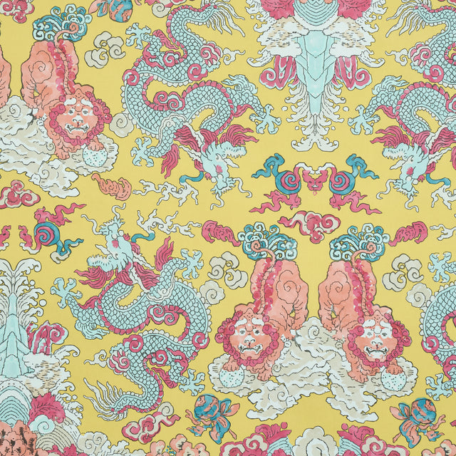 Yellow wallpaper with foo dogs and fire-breathing dragons in a symmetrical, adventurous design.