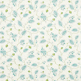 Maryam Vine wallpaper in Peacock by Schumacher, featuring a trailing vine and floral pattern in blue and green on a light background.