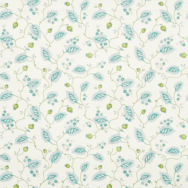 Maryam Vine wallpaper in Peacock by Schumacher, featuring a trailing vine and floral pattern in blue and green on a light background.