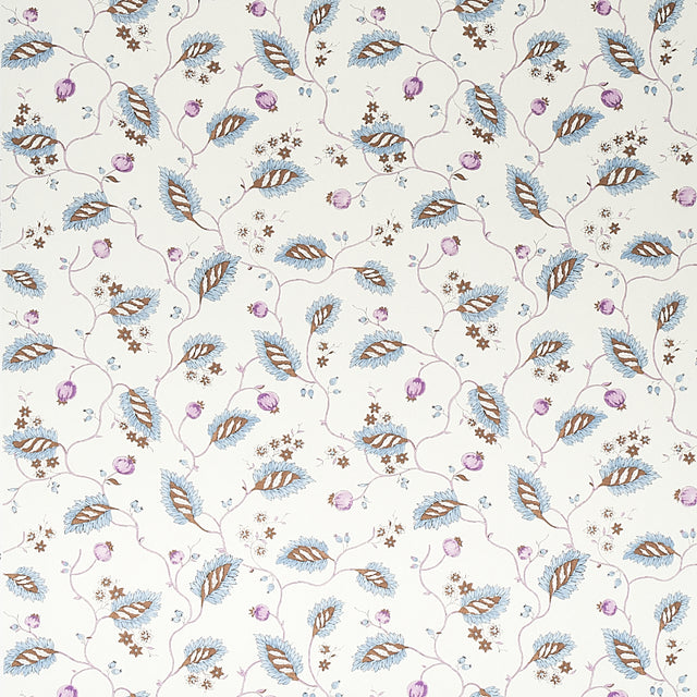 Maryam Vine wallpaper in Sky & Plum by Schumacher, featuring a delicate floral vine pattern with blue, plum, and brown accents on a light background.