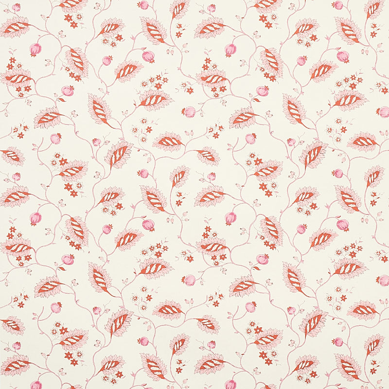 Maryam Vine wallpaper in pink and red with trailing vines, patterned leaves, delicate blossoms, and berries on a light background.