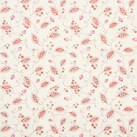 Maryam Vine wallpaper in pink and red with trailing vines, patterned leaves, delicate blossoms, and berries on a light background.
