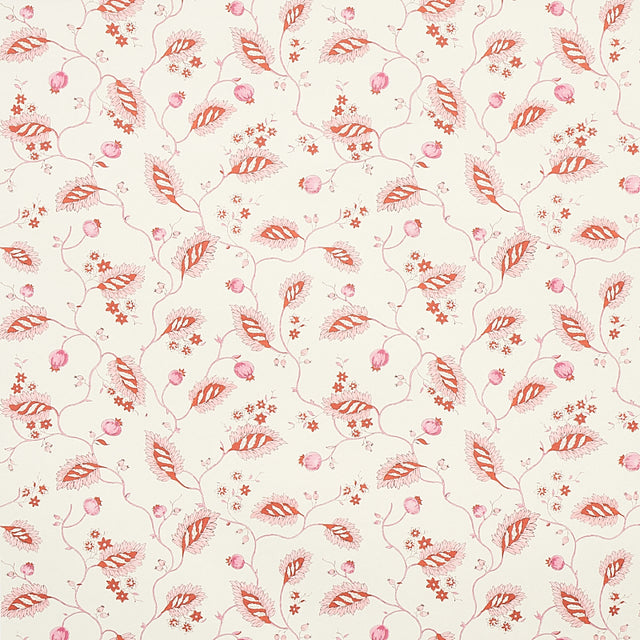 Maryam Vine wallpaper in pink and red with trailing vines, patterned leaves, delicate blossoms, and berries on a light background.